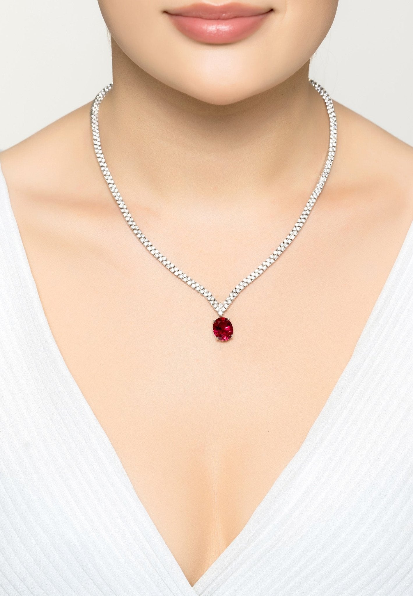 Garbo Oval Gemstone Tennis Necklace Ruby Silver