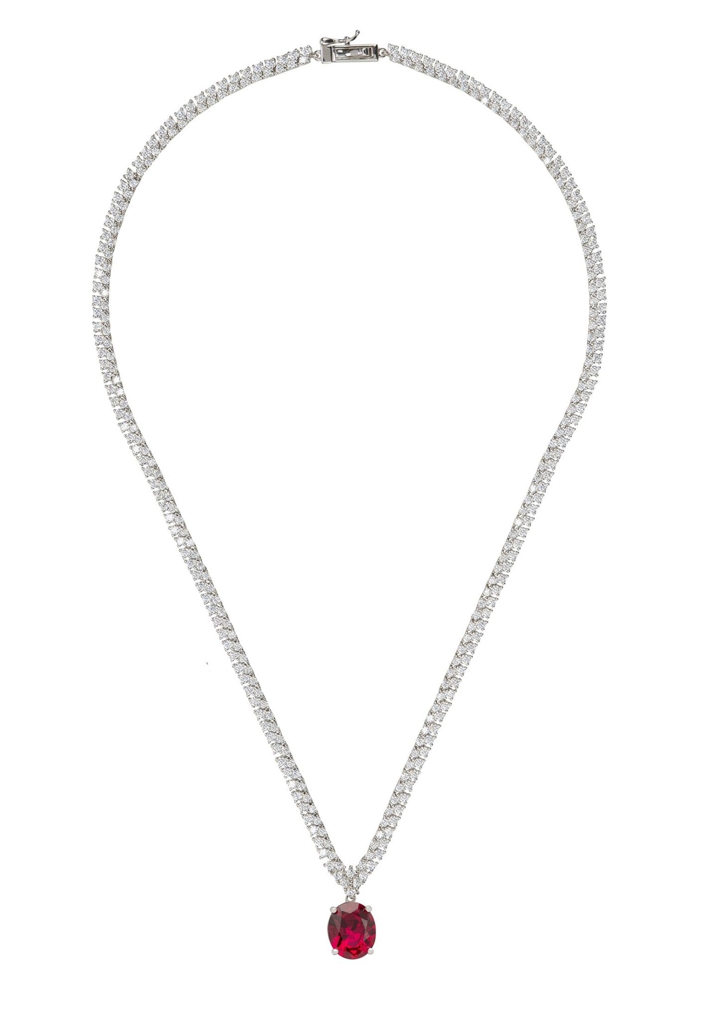 Garbo Oval Gemstone Tennis Necklace Ruby Silver