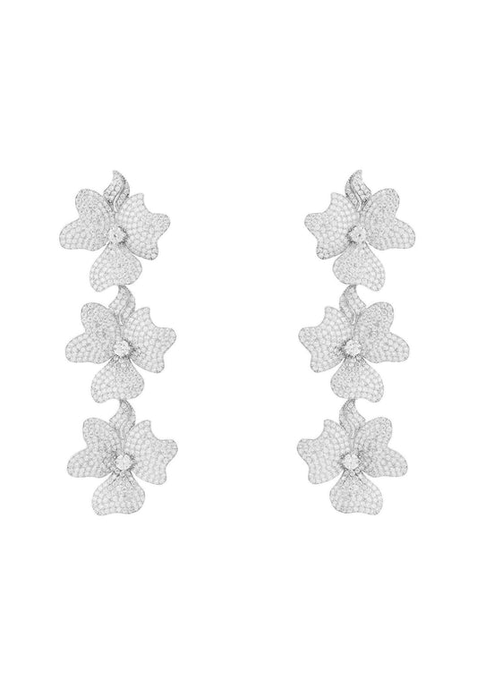 Jasmine Flower Triple Drop Earrings Silver
