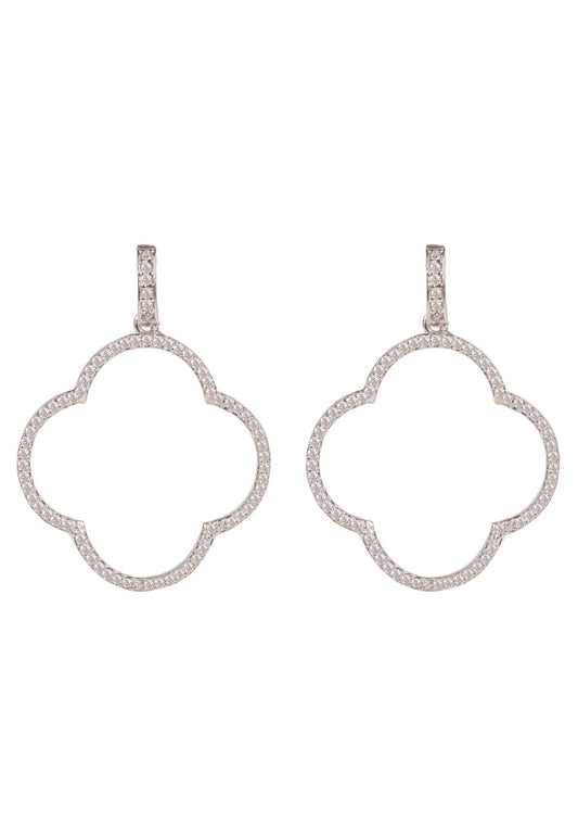 Open Clover Large Drop Earrings White Cz Silver