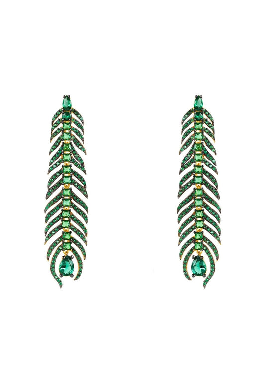 Peacock Feather Elongated Drop Earrings Green Cz