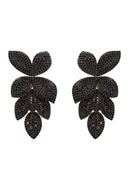 Petal Cascading Flower Earrings Gold Black Cz