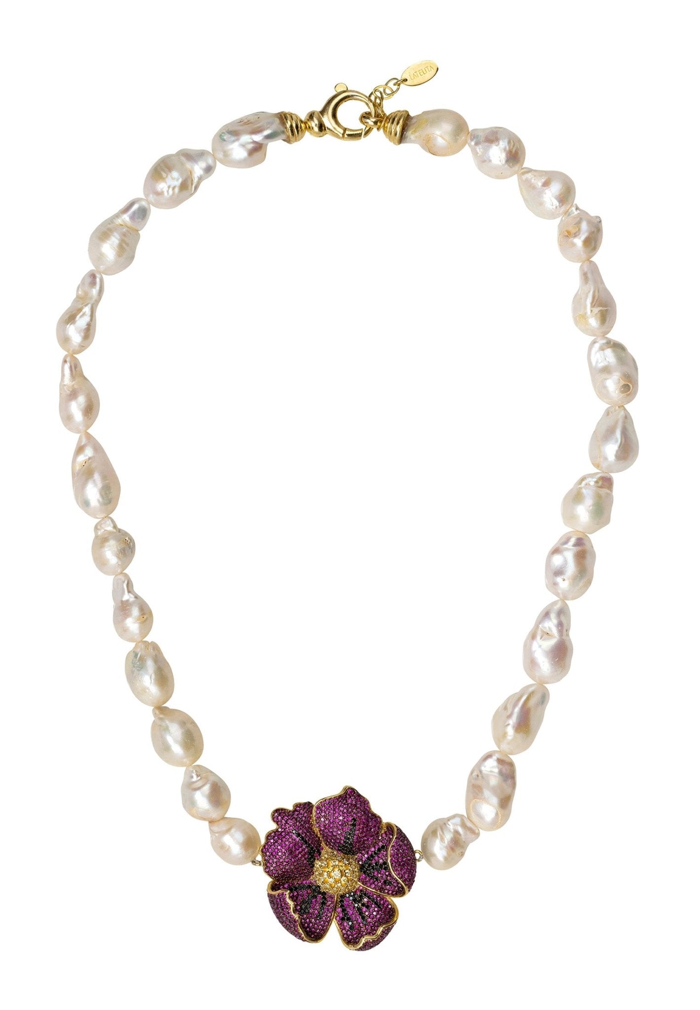 Poppy Flower Baroque Pearl Necklace Ruby Red Gold